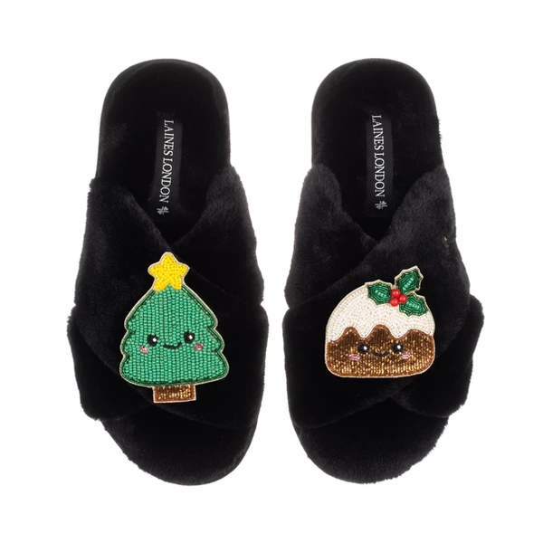 Laines London Classic Slippers With Christmas Lovable Pudding & Tree Brooches