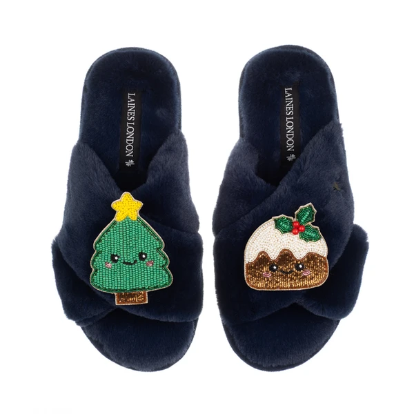 Laines London Classic Slippers With Christmas Lovable Pudding & Tree Brooches