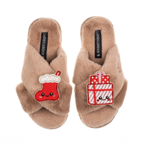 Laines London Classic Slippers With Christmas Lovable Stocking & Gift Brooches