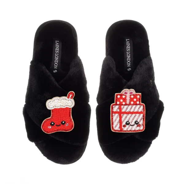 Laines London Classic Slippers With Christmas Lovable Stocking & Gift Brooches