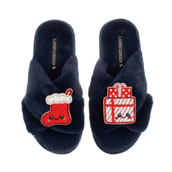 Laines London Classic Slippers With Christmas Lovable Stocking & Gift Brooches