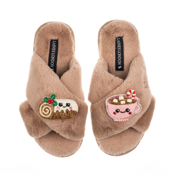 Laines London Classic Slippers With Christmas Lovable Yule Log & Hot Chocolate Brooches