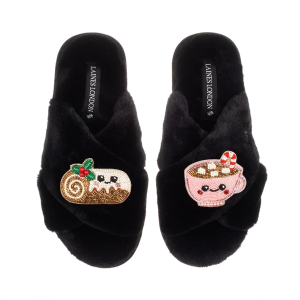 Laines London Classic Slippers With Christmas Lovable Yule Log & Hot Chocolate Brooches