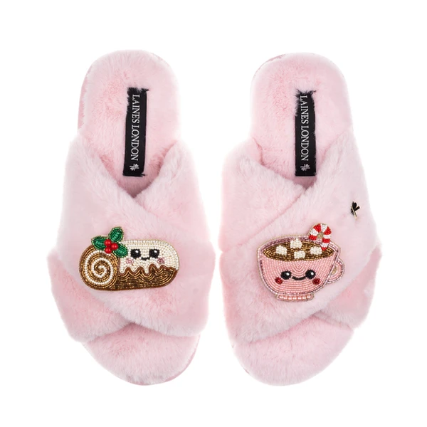 Laines London Classic Slippers With Christmas Lovable Yule Log & Hot Chocolate Brooches
