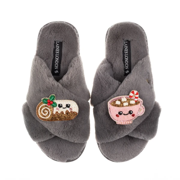 laines london Classic Slippers With Christmas Lovable Yule Log & Hot Chocolate Brooches