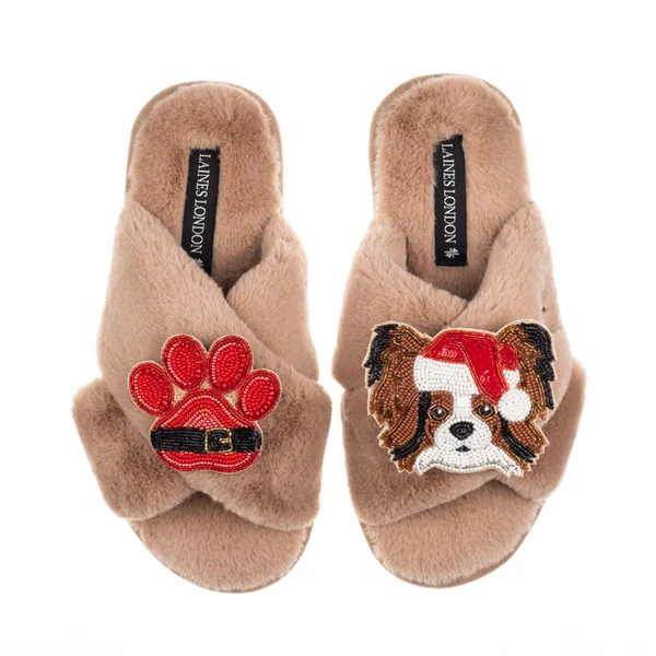 Laines London Classic Slippers With Christmas Papillon & Paw Brooches