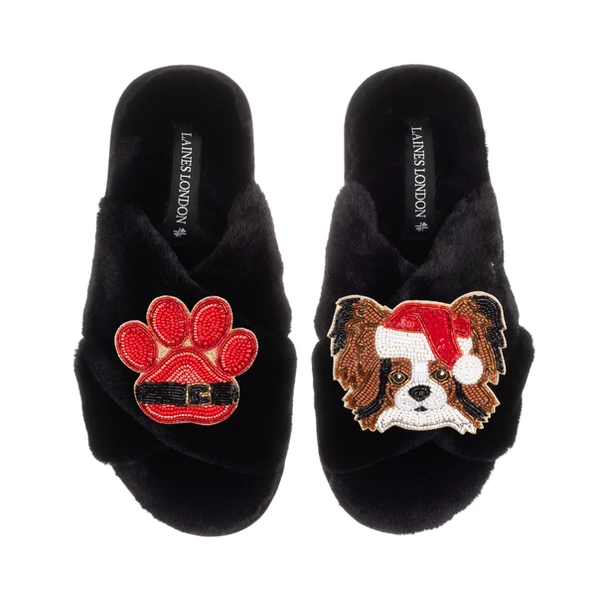 Laines London Classic Slippers With Christmas Papillon & Paw Brooches