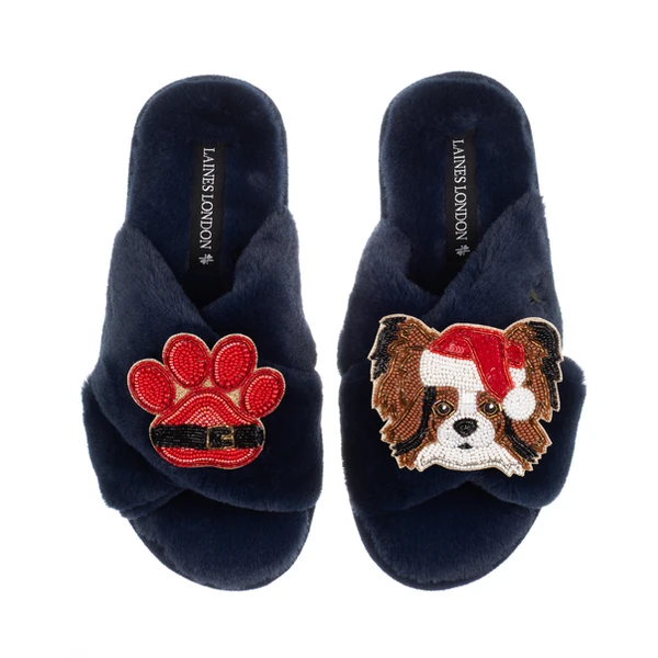 Laines London Classic Slippers With Christmas Papillon & Paw Brooches
