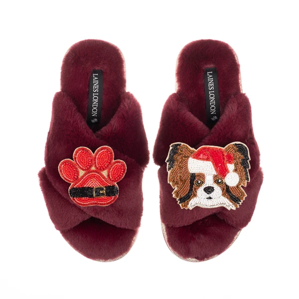laines london Classic Slippers With Christmas Papillon & Paw Brooches