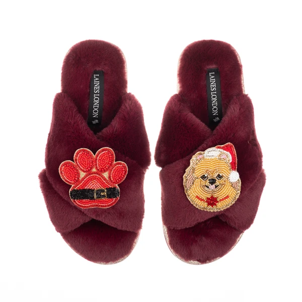 Laines London Classic Slippers With Christmas Pomeranian & Paw Brooches