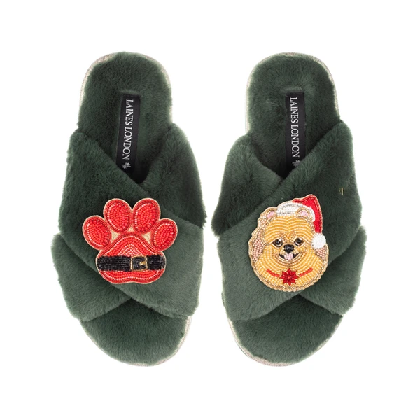 Laines London Classic Slippers With Christmas Pomeranian & Paw Brooches