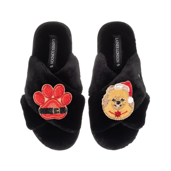 Laines London Classic Slippers With Christmas Pomeranian & Paw Brooches