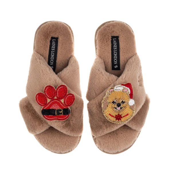 laines london Classic Slippers With Christmas Pomeranian & Paw Brooches