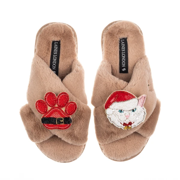 Laines London Classic Slippers With Christmas White Persian Cat & Paw Brooches