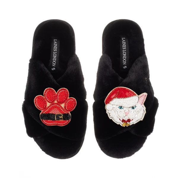 Laines London Classic Slippers With Christmas White Persian Cat & Paw Brooches
