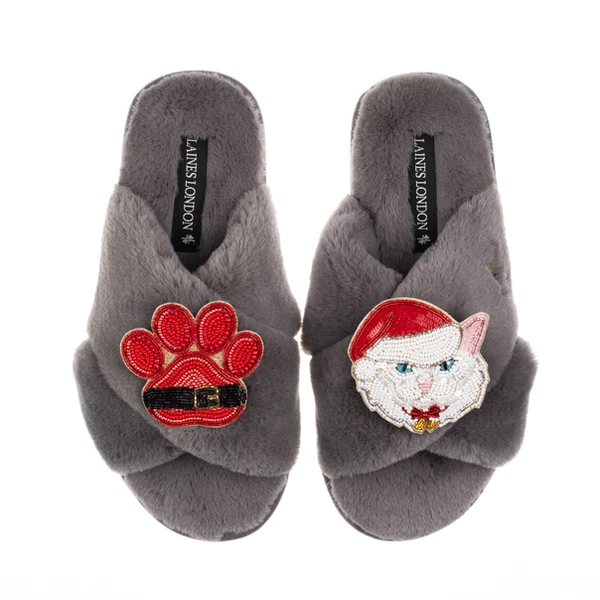 Laines London Classic Slippers With Christmas White Persian Cat & Paw Brooches