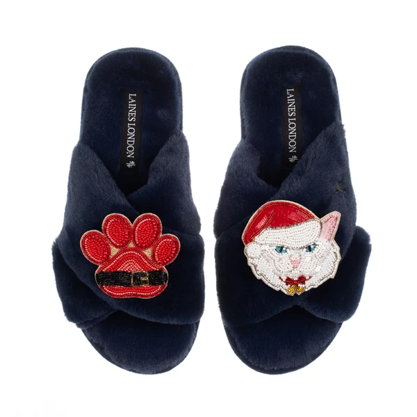 laines london Classic Slippers With Christmas White Persian Cat & Paw Brooches