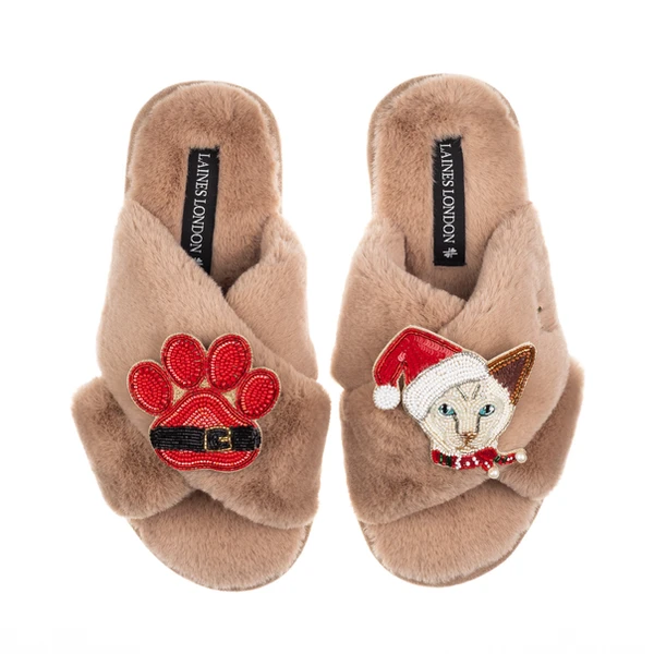 Laines London Classic Slippers With Christmas White Siamese Cat & Paw Brooches
