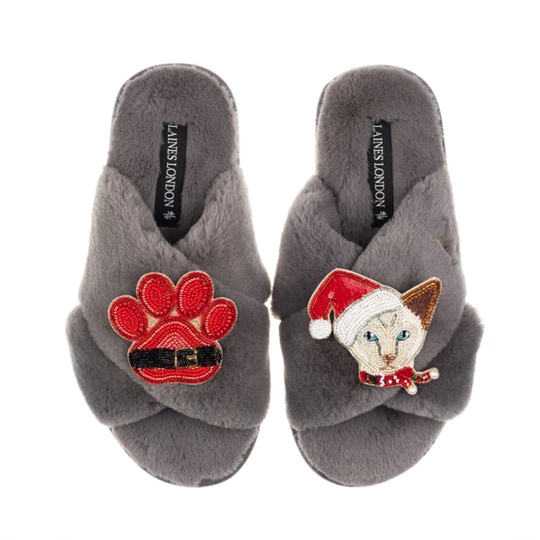 Laines London Classic Slippers With Christmas White Siamese Cat & Paw Brooches