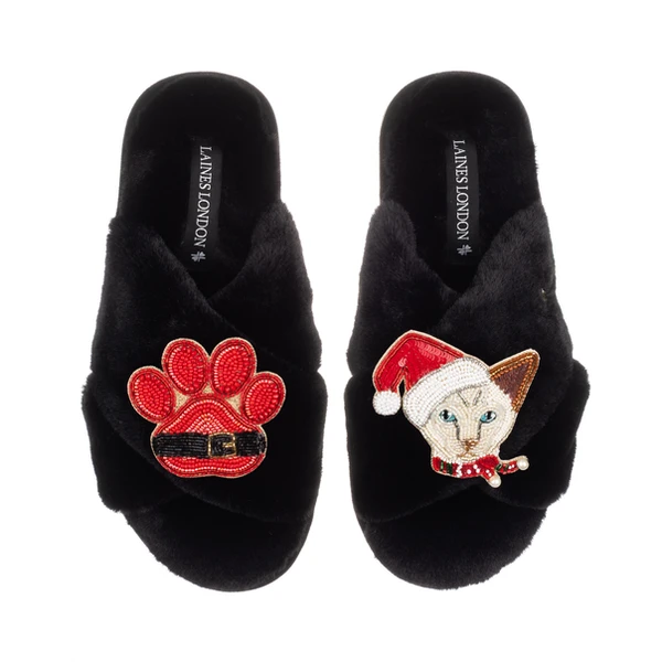 laines london Classic Slippers With Christmas White Siamese Cat & Paw Brooches
