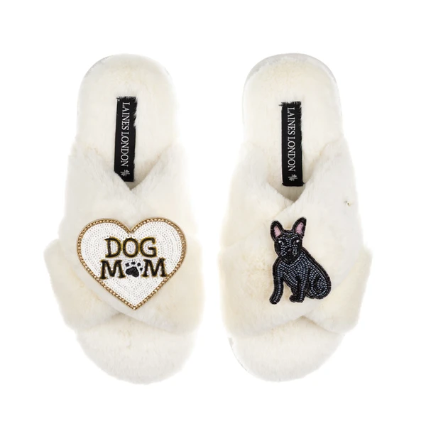 laines london Classic Slippers With Dog Mum/Mom & Black Sitting French Bulldog Brooches
