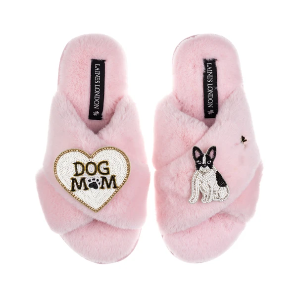Laines London Classic Slippers With Dog Mum/Mom & Black/White Sitting French Bulldog Brooches