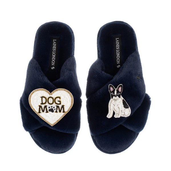 Laines London Classic Slippers With Dog Mum/Mom & Black/White Sitting French Bulldog Brooches