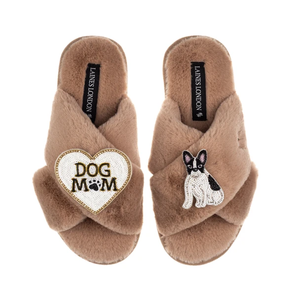 Laines London Classic Slippers With Dog Mum/Mom & Black/White Sitting French Bulldog Brooches