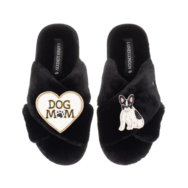 laines london Classic Slippers With Dog Mum/Mom & Black/White Sitting French Bulldog Brooches