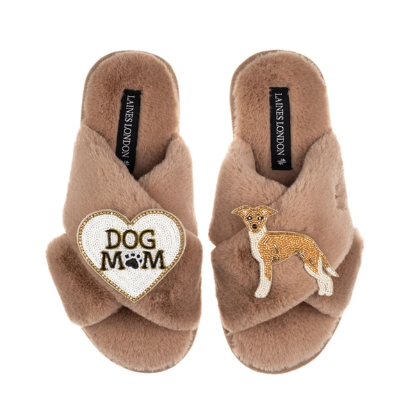 Laines London Classic Slippers With Dog Mum/Mom & Fawn & White Italian Greyhound Brooches
