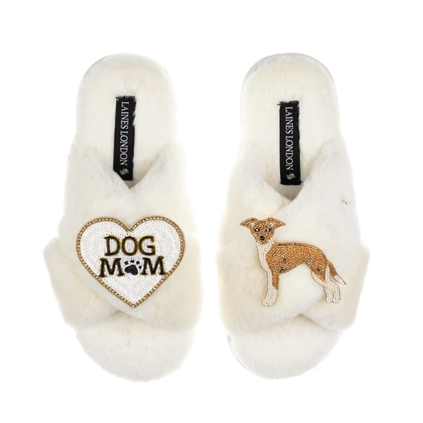 Laines London Classic Slippers With Dog Mum/Mom & Fawn & White Italian Greyhound Brooches