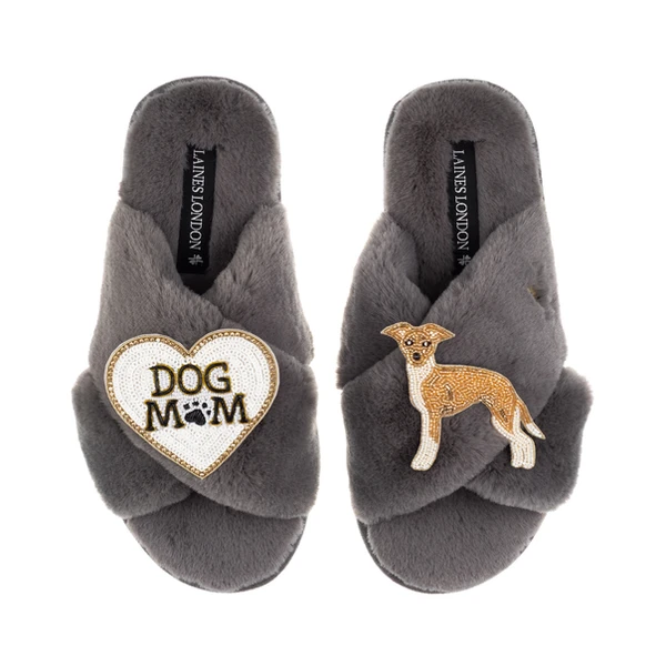 Laines London Classic Slippers With Dog Mum/Mom & Fawn & White Italian Greyhound Brooches