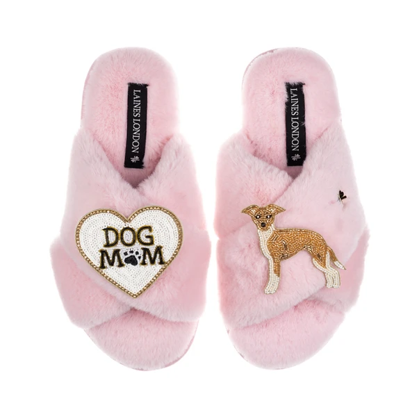 laines london Classic Slippers With Dog Mum/Mom & Fawn & White Italian Greyhound Brooches