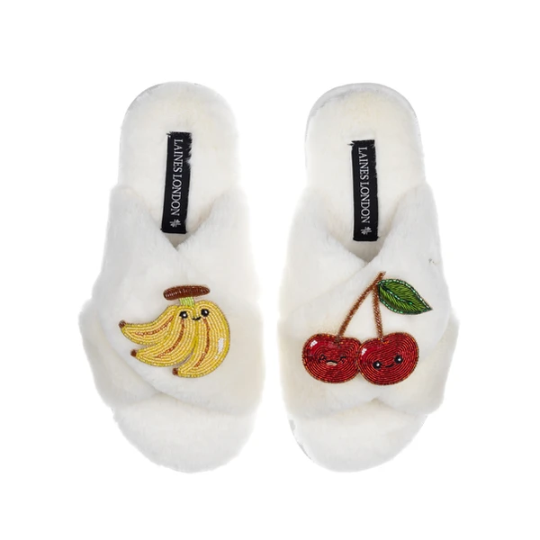 Laines London Classic Slippers With Laines Lovables Banana & Cherry Brooches