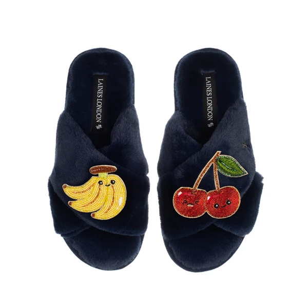 Laines London Classic Slippers With Laines Lovables Banana & Cherry Brooches