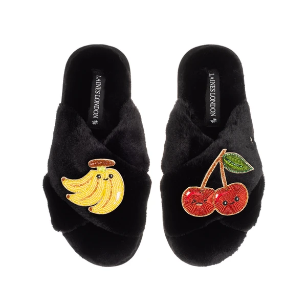 Laines London Classic Slippers With Laines Lovables Banana & Cherry Brooches