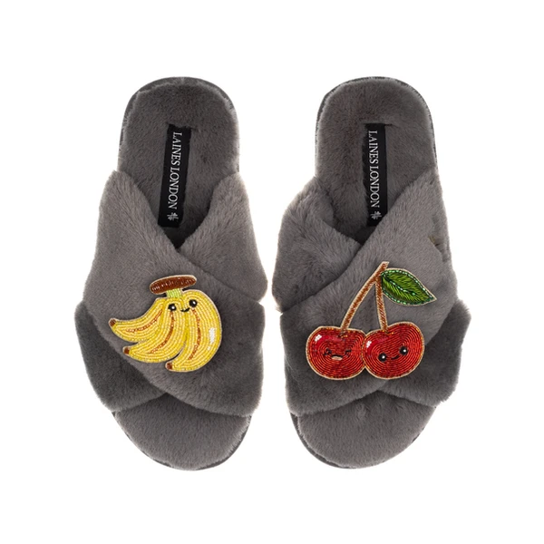 laines london Classic Slippers With Laines Lovables Banana & Cherry Brooches