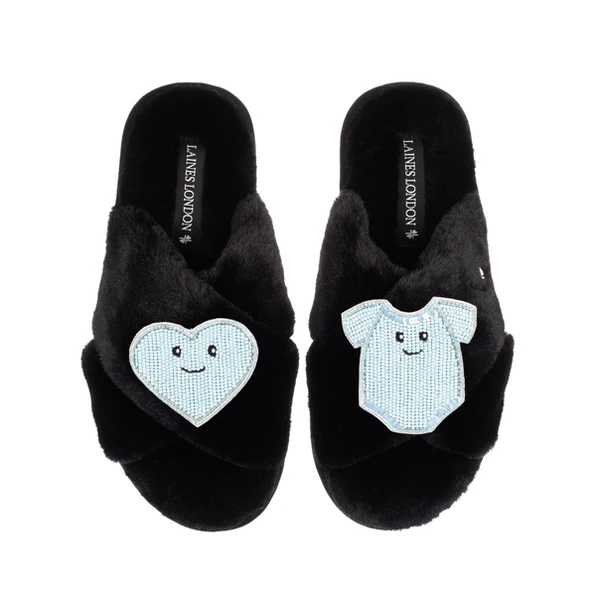 Laines London Classic Slippers With Laines Lovables Blue Love & Baby Grow Brooches
