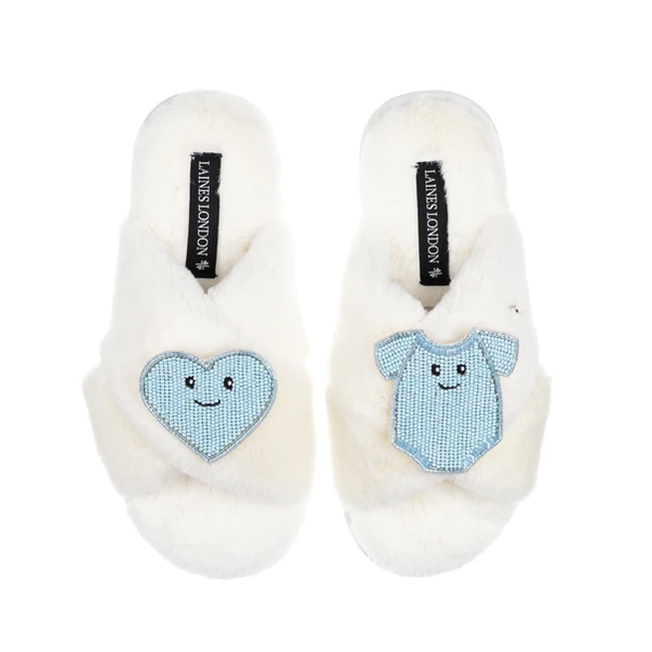 Laines London Classic Slippers With Laines Lovables Blue Love & Baby Grow Brooches