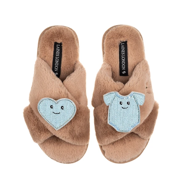 Laines London Classic Slippers With Laines Lovables Blue Love & Baby Grow Brooches