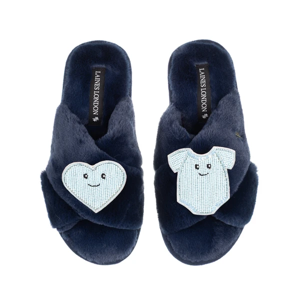 laines london Classic Slippers With Laines Lovables Blue Love & Baby Grow Brooches