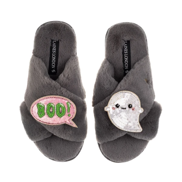 Laines London Classic Slippers With Laines Lovables Boo The Ghost Halloween Brooches