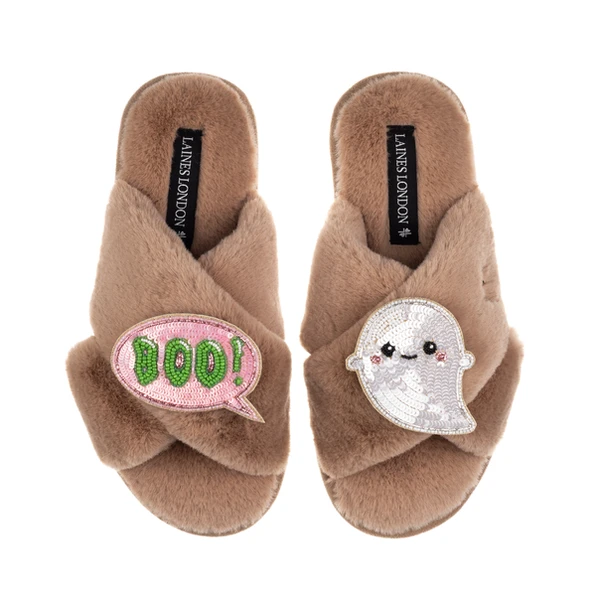 laines london Classic Slippers With Laines Lovables Boo The Ghost Halloween Brooches
