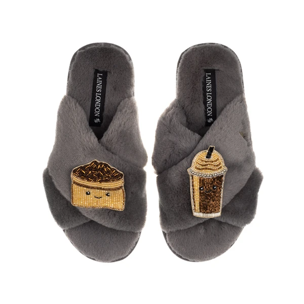 Laines London Classic Slippers With Laines Lovables Coffee Beans & Frappe Brooches