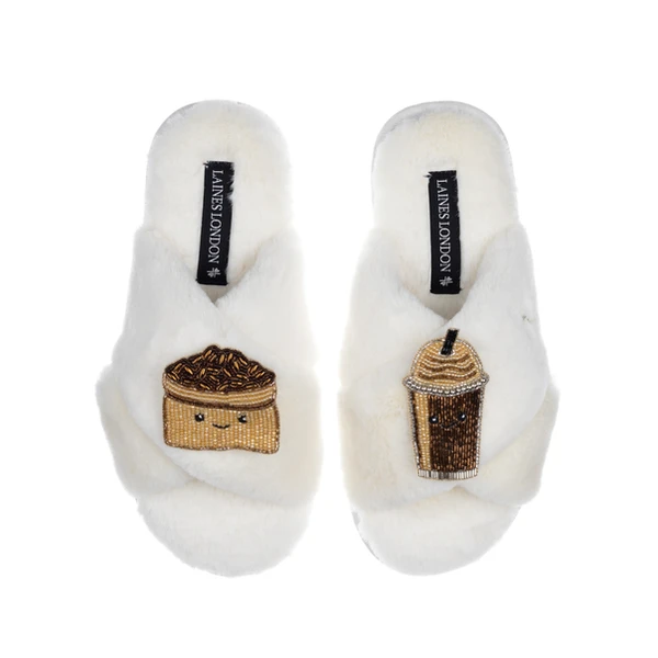 Laines London Classic Slippers With Laines Lovables Coffee Beans & Frappe Brooches