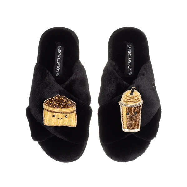 Laines London Classic Slippers With Laines Lovables Coffee Beans & Frappe Brooches