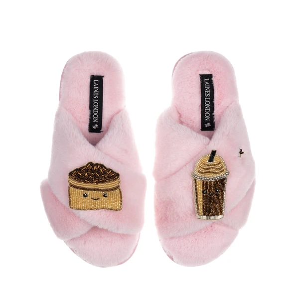 laines london Classic Slippers With Laines Lovables Coffee Beans & Frappe Brooches