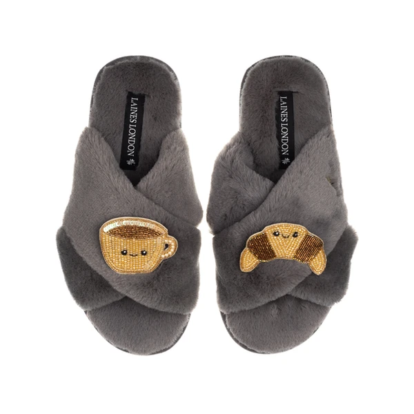 Laines London Classic Slippers With Laines Lovables Coffee & Croissant Brooches
