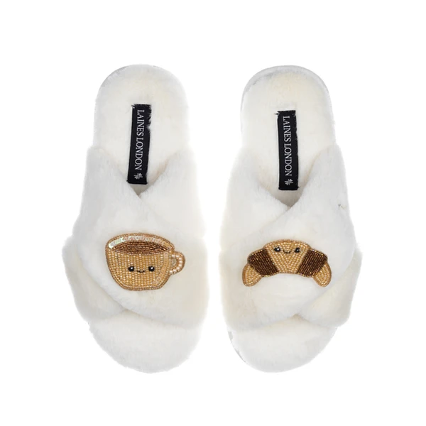 Laines London Classic Slippers With Laines Lovables Coffee & Croissant Brooches