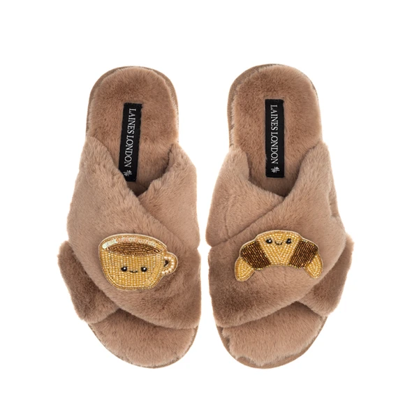 Laines London Classic Slippers With Laines Lovables Coffee & Croissant Brooches
